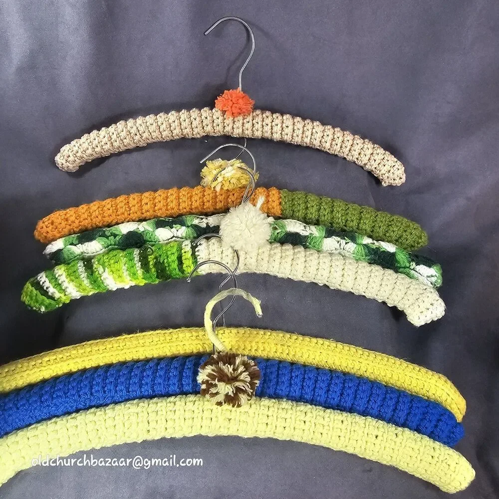 Lot of 7 Vintage Crochet Yarn Covered Wood Clothes Hangers Various Colors